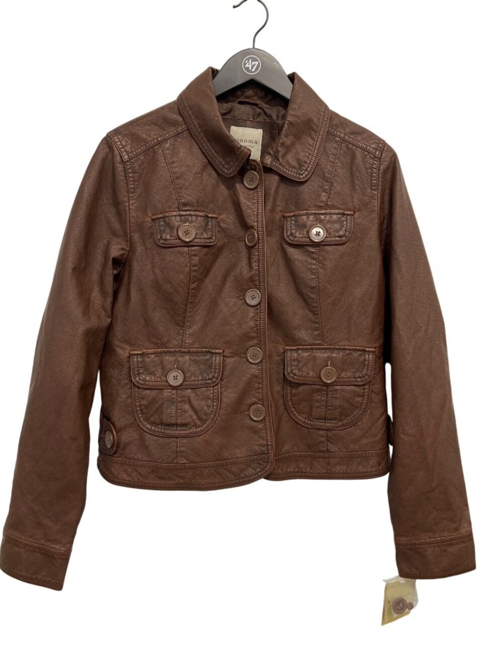 Sonoma Moto Jacket Large Faux Leather Button Front Cognac Brown Retro Biker NEW